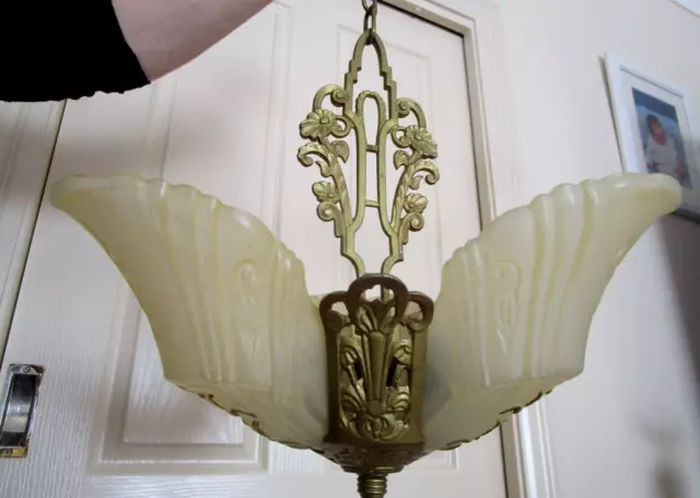 1930's ART DECO SLIP SHADE CHANDELIER ORIG GLASS MARKEL BAT WING SHADE WORKING