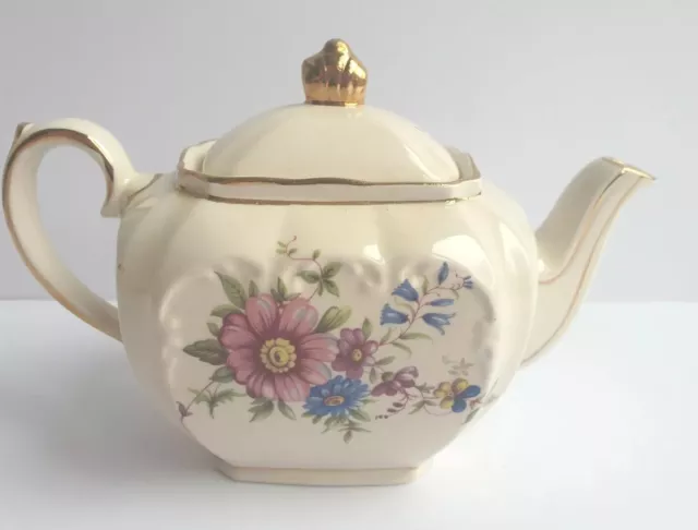 Vintage Shabby Chic  Sadler Small Ceramic Cube Shaped Teapot Floral Flowers Gilt