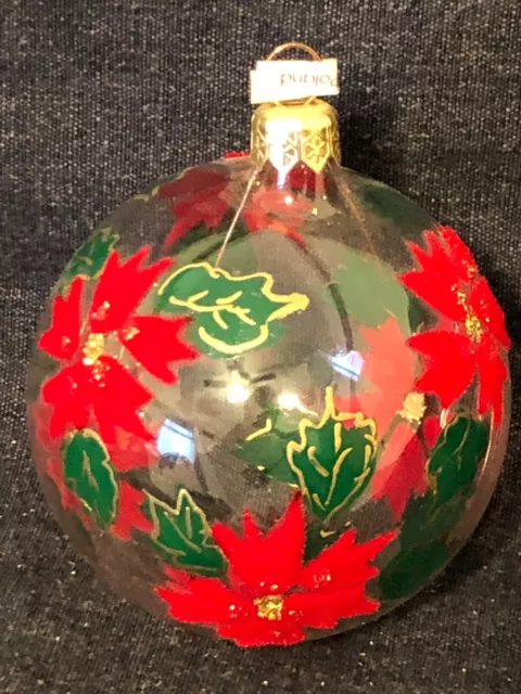 LOT of 4  European Glass w/ Felt Appliqué Poinsettia Christmas Ball Ornaments 3"