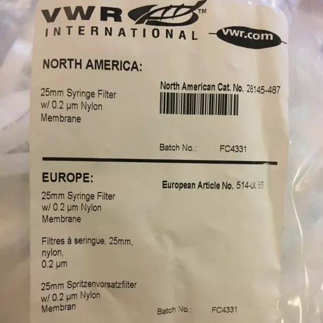 VWR 25mm Syringe Driven Filter 0.2µm Nylon Membrane x 5 Free Shipping 514-0066 2