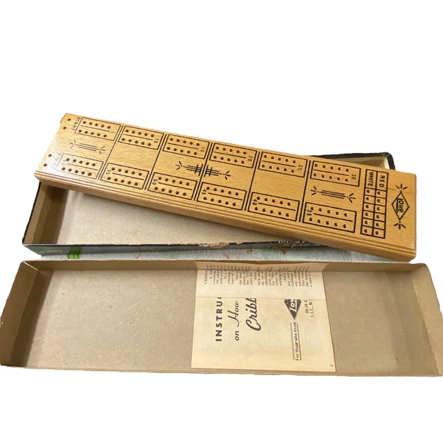 VINTAGE 1968 E.S Lowe Wooden Cribbage Board Original Box Wooden Pegs