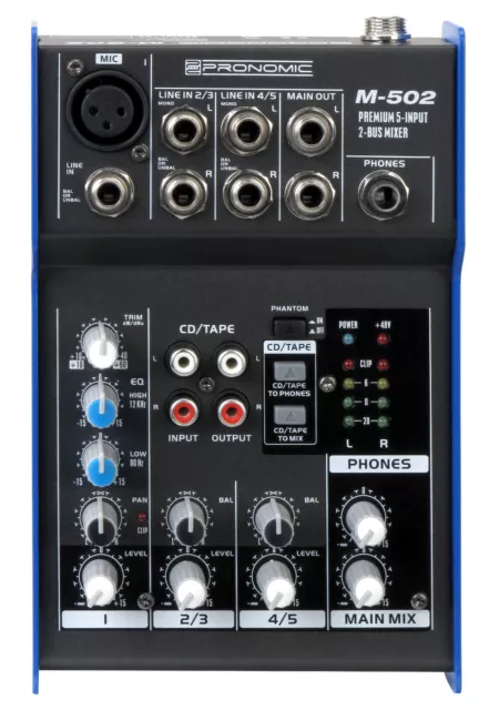 5-Kanal Studio Mischpult PA Mixer Home Recording Phantomspeisung Status LED