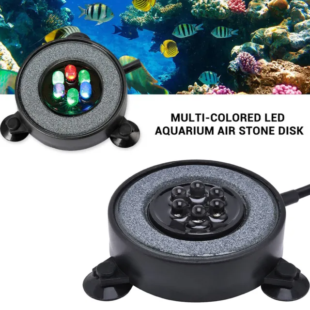LED Aquarium Air Stone Disk Round Fish Tank Bubbler Auto Color Changing Light