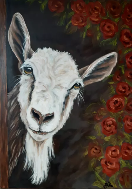 Pintura original de cabra animal de granja arte 27 por 20 retrato de mascotas lona arte de pared óleo