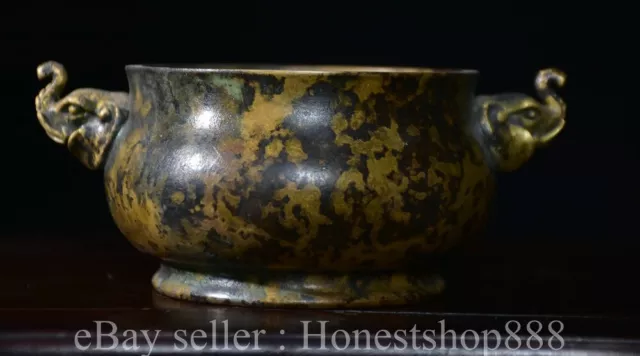 5.2" Xuande Marked Old Chinese Bronze Elephant Ear incense burner Censer Pot
