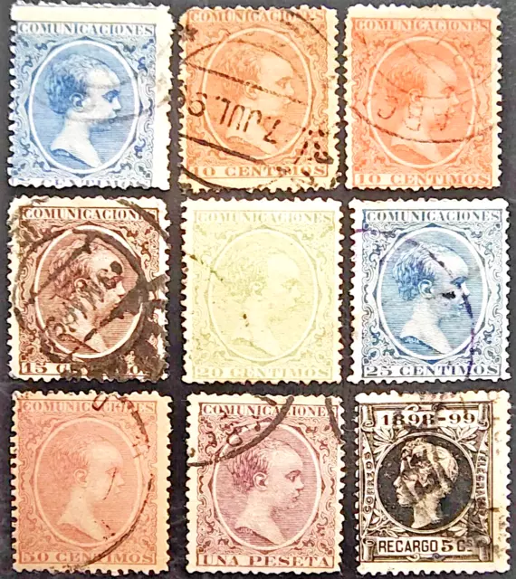 España 1889-1899 Alfonso Xiii Pelón *Ver*  Buen Lote 9 Sellos Usados Auténticos