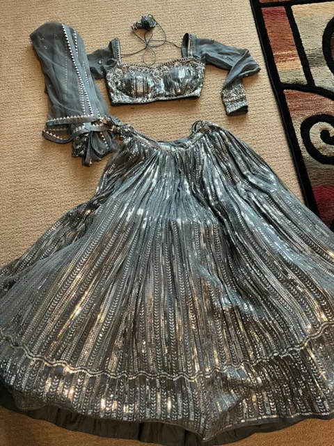 Saj Dhaj Ke Indian Grey & Sequin Lengha, Chuni & Long Sleeve Blouse - Small