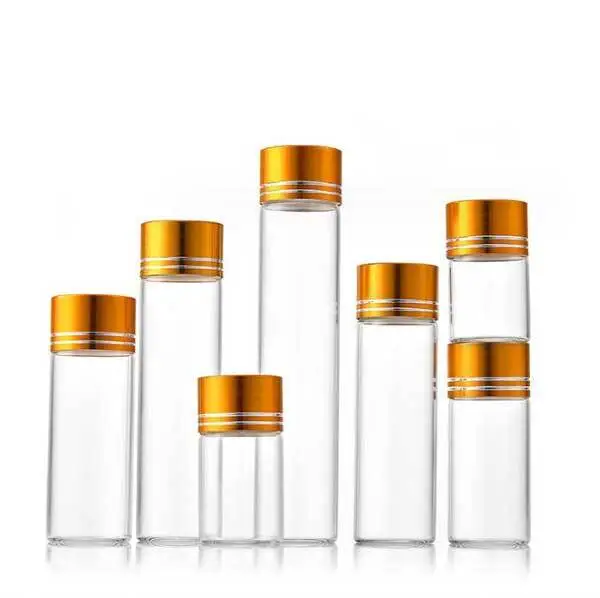 Botellas de almacenamiento de vidrio transparente vacías de 5 ml-200 ml con tapas de aluminio para líneas doradas