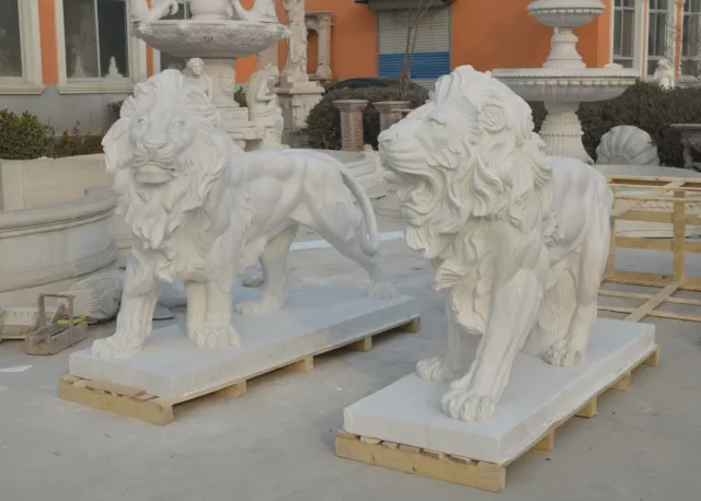 Beautiful Hand Carved Marble Estate Hunan White  Lions - Hl91