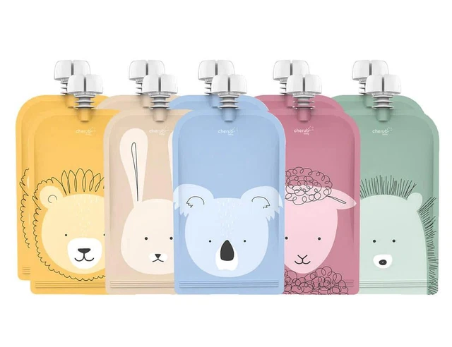 Cherub Baby On The Go Reusable Food Pouches, 10 Pack (Animal) - 150mL