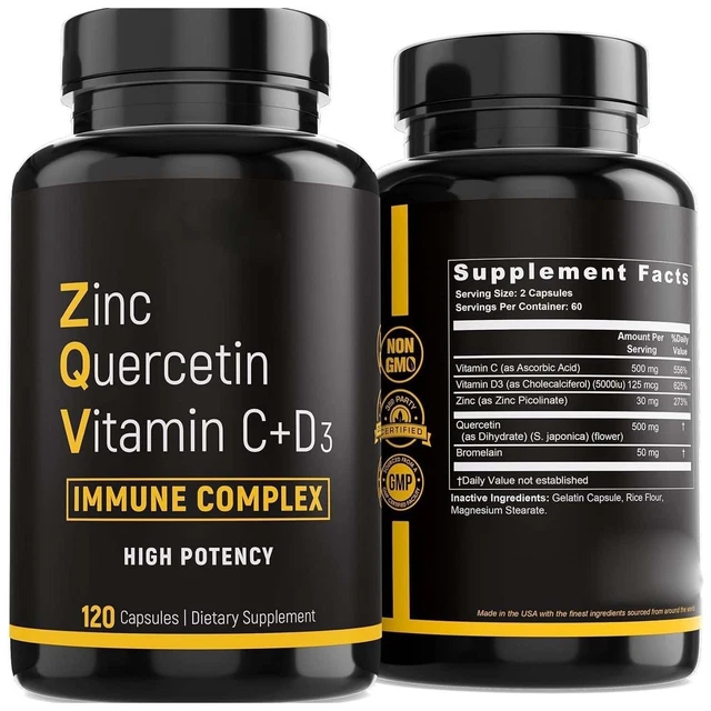 ZINC QUERCETIN BROMELAIN Vitamin C 120 Capsules Daily Nutrition ...
