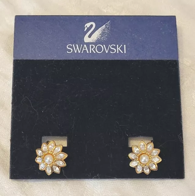 Vintage Signed Swarovski Crystal Clip On Earrings Faux Pearl Center Swan