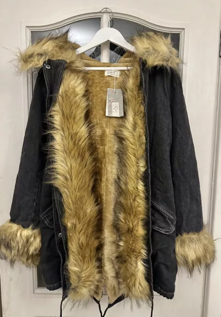 Ladies Black Denim Coat Faux Fur Lined Jacket Size 12 Small
