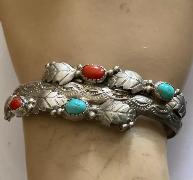 Vintage Navajo Old Pawn Sterling Silver Coral Turquoise Bracelet Leaf Stamped