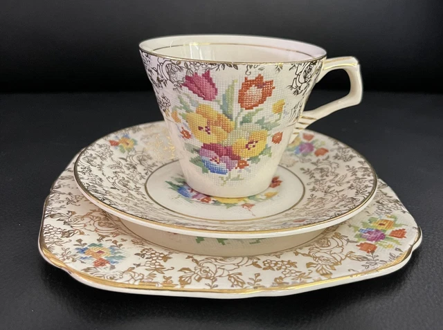 H& K Tunstall Petit Point Gold Chintz Floral Tea Cup Saucer Plate Trio, England