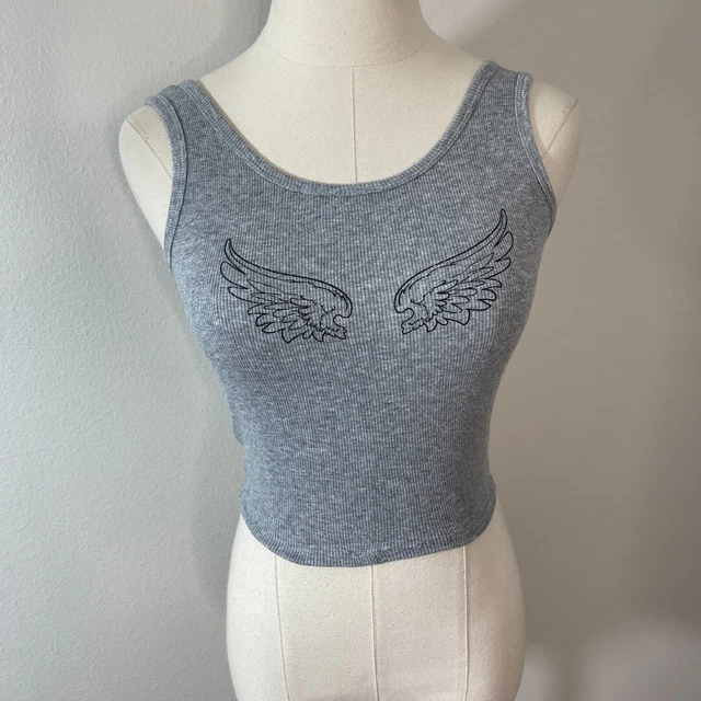 Obsessive Love XS Womens Tank Crop Top Gray Stretch Knit Angel Wings