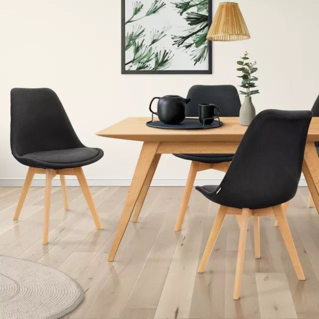 Juego 4x sillas de comedor con respaldo asiento tapizado negro patas madera haya