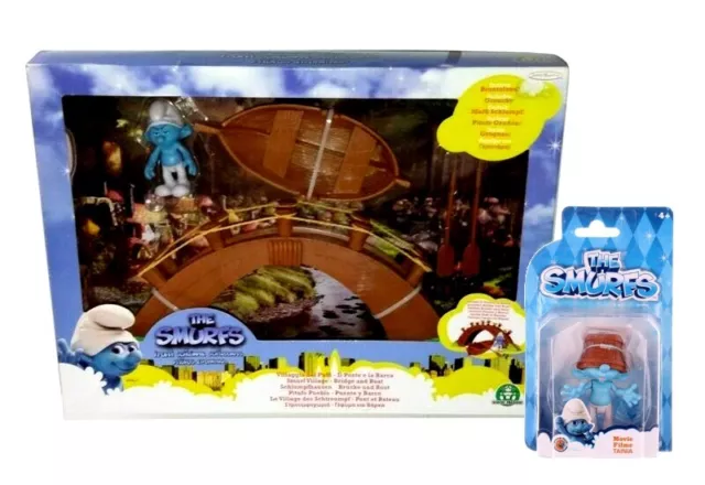 I Puffi Film PLAYSET VILLAGGIO PONTE CON BARCA + BRONTOLONE + TONTOLONE Nuovo