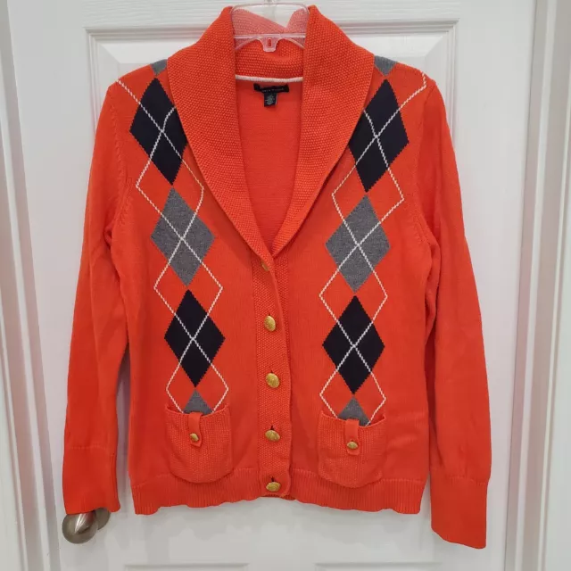 Tommy Hilfiger Womens Sz L Shawl Neck Orange Argyle Cardigan Button Up Sweater