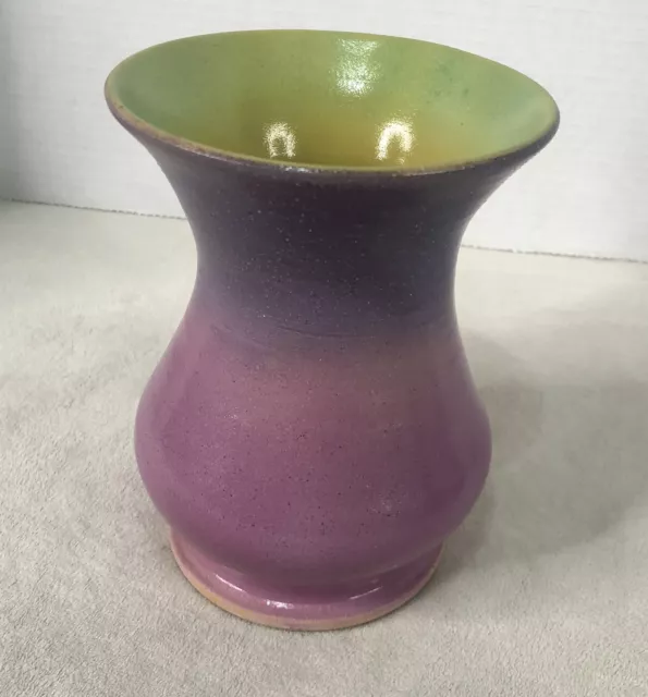 Pottery Ceramic Purple Ombre 6" Vase Yellow inside Knit Witch Artisan