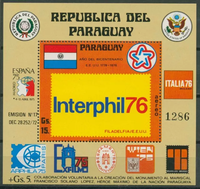 Paraguay 1976 Briefmarkenausstellung INTERPHIL76 Block 275 postfrisch (C80459)