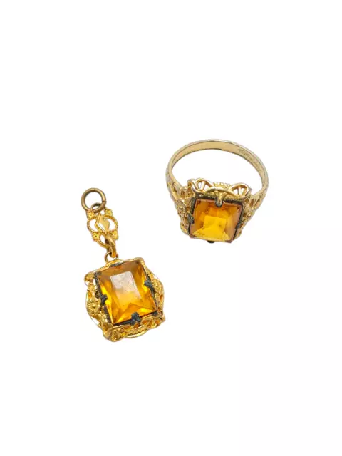 UNCAS Citrine Colored Rhinestone Filigree Ring Pendant Set Gold Tone Vintage