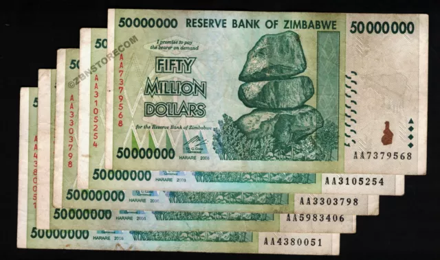5 x 50 Million Zimbabwe Dollars Bank Notes AA 2008 Currency Paper Money Lot 5PCS