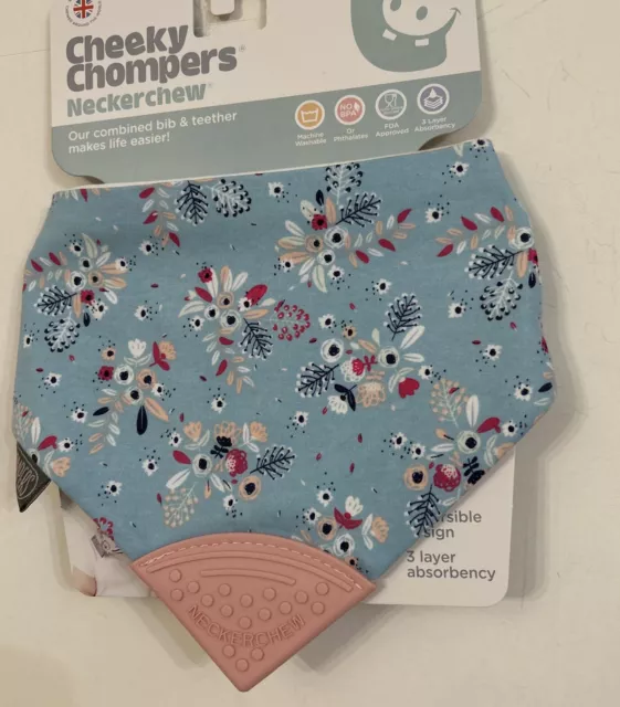 1 Cheeky Chompers ~ Blue Floral  & Reversible Striped ~ 3 Layers .~ Necker chew