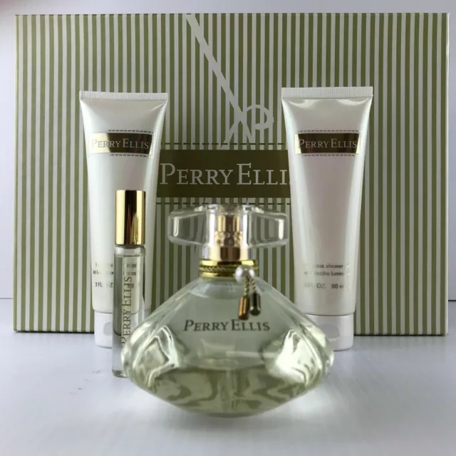 Perry Ellis Women 4pc Set Parfum Spray 3.4 oz Shower Gel Body Lotion Roller New