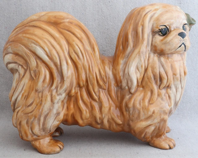 Large Vintage Life Size Italian Ceramic Pekingese Dog Figurine Statue 13½"