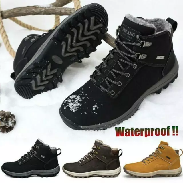 Mens Winter Warm Fur Lined Lace-Up Snow Boots Waterproof Casual Ski Shoes Size