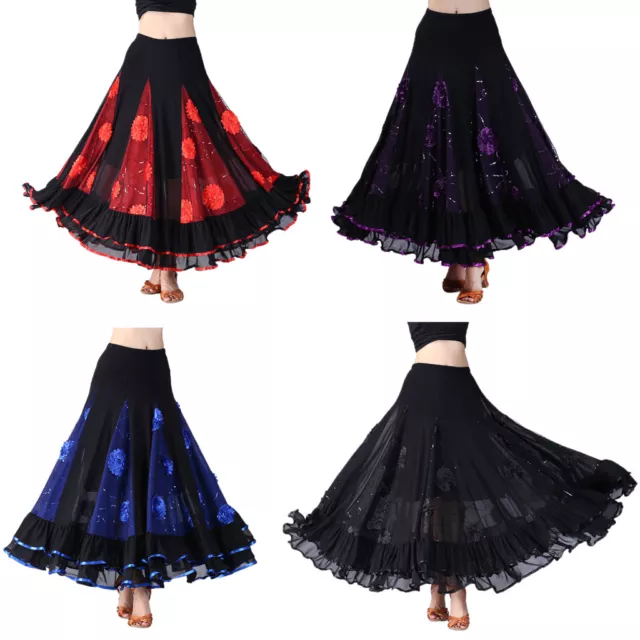 Lady Flamenco Ballroom Dance Waltz Big Swing Sequins Modern Long Skirt Dress