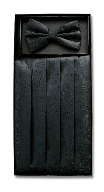 Cumberbund & BowTie Solid BLACK PAISLEY Color Men's Cummerbund Bow Tie Set