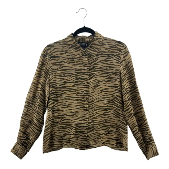 Finity Womens Button Up Shirt Brown Animal Print Zebra Long Sleeve 100% Silk 12