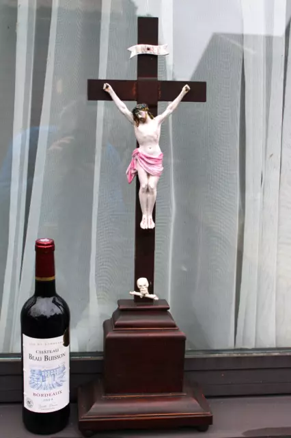 Antique french wood carved crucifix  bisque vieux paris porcelain corpus