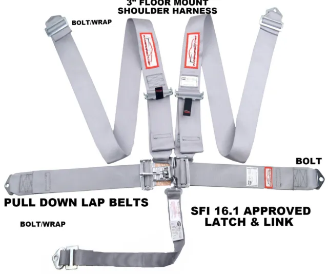 Gray Sfi 16.1 Latch & Link 5 Point Racing Harness Seat Belt Floor Mount