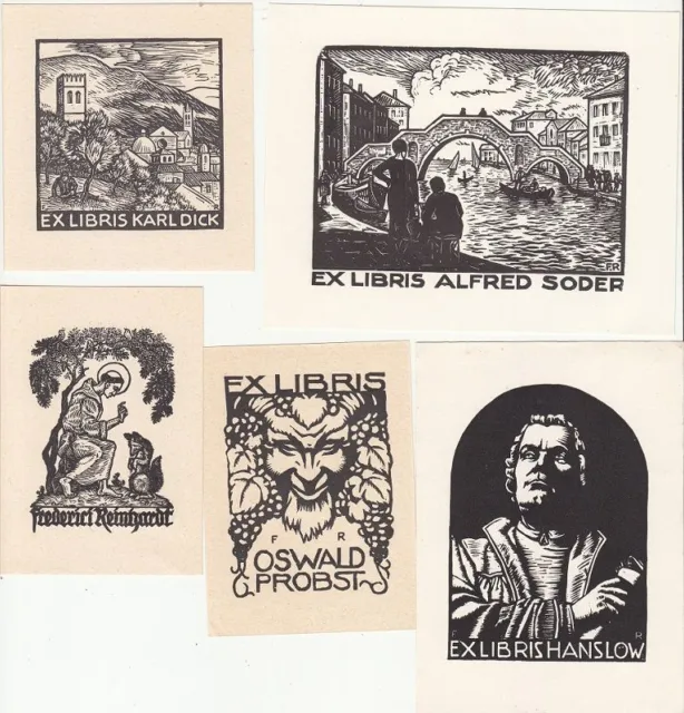 5 Exlibris Bookplate Holzschnitte Fritz Reinhardt 1897-1970 Konvolut Lot 1