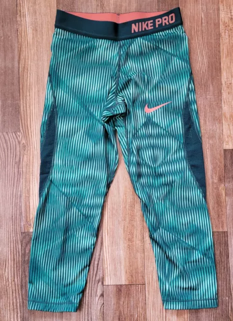 NIKE PRO HyperCool Girls Size L Cropped Leggings Aqua Space Blue EUC Gym Sport