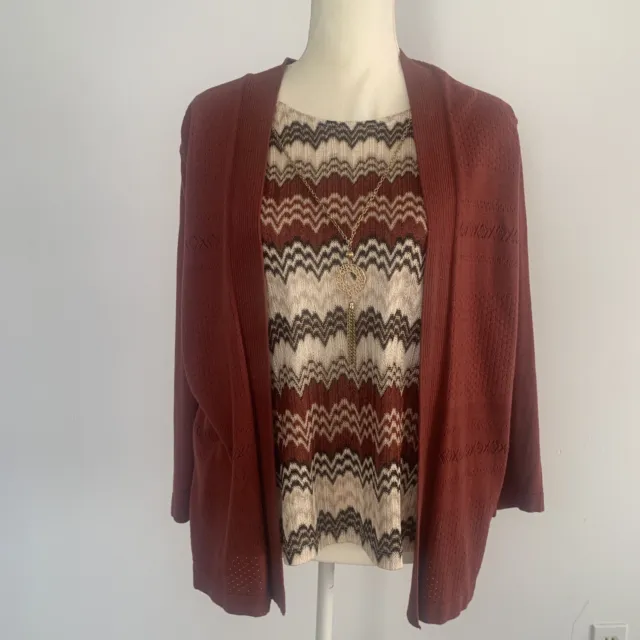 alfred dunner Aztec Print Top Open Front Cardigan Sweater With Necklace Size M