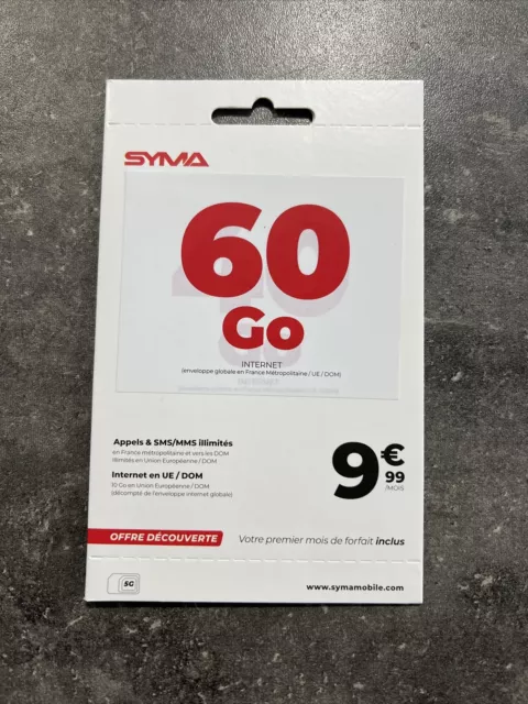 Carte SIM prépayée syma mobile neuve  1 mois d'appel SMS illimité + 60 Giga.