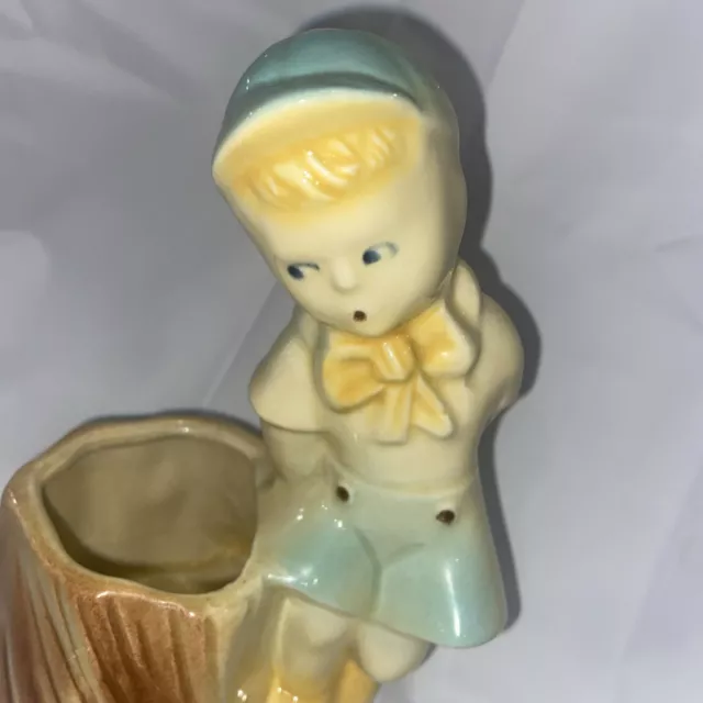 Vintage Shawnee Ceramic Planter Boy with Tree Stump Circa 1940s USA 533 4.5x6.5" 2