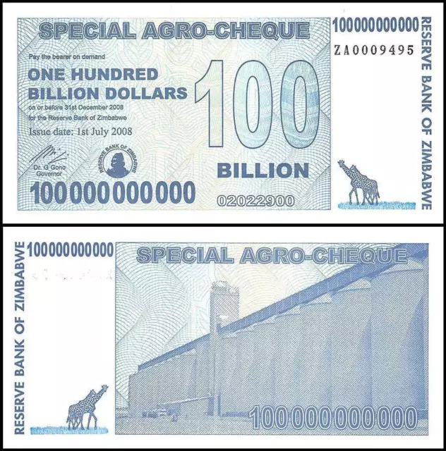 Zimbabwe 100 Billion Dollars Special Agro Cheque, 2008, P-64z, UNC, Replacement