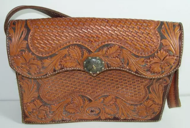 R TY SKIVER BOOTMAKERS Hand Tooled Western Purse SHOULDER Bag BROWN Leather 10X8