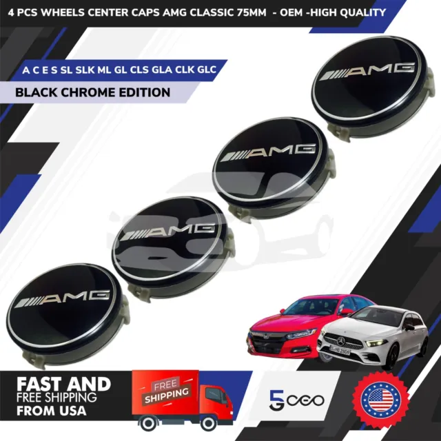 4 Pcs Wheels Center Caps Amg Mercedes Benz Black 75Mm - Oem - Edition Limit