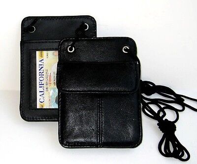 Set of 2 Genuine Leather Neck Badge Holder ID Pouch Trap Wallet Travel New