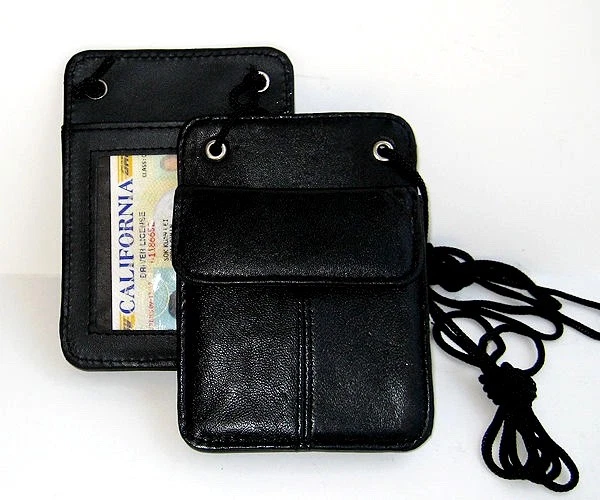 Set of 2 Genuine Leather Neck Badge Holder ID Pouch Trap Wallet Travel New