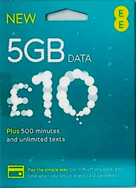 Carta SIM EE Pay As You Go confezione da £10 5 GB dati illimitati SMS mini micro e nano PAYG