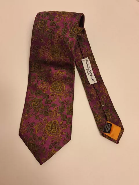 Dolce & Gabbana Cravatte Men's 100% Silk Tie Purple with Gold/Green Embroidery