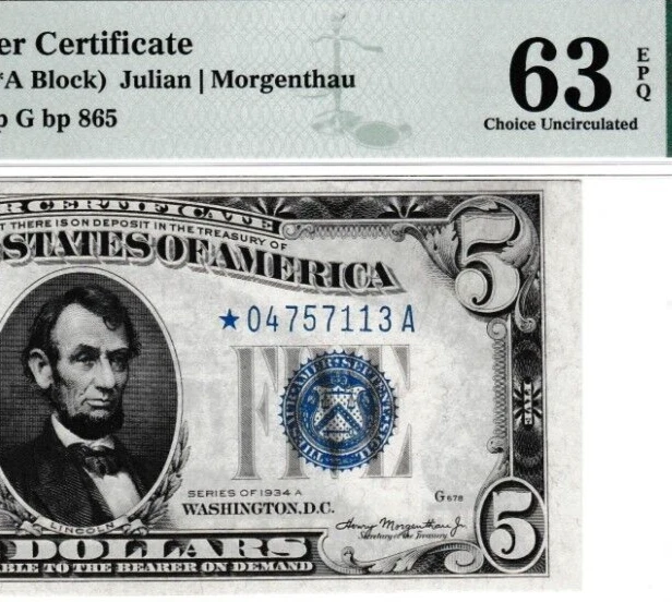 $5  1934 A  SILVER CERTIFICATE MULE ⭐️ STAR NOTE S/N ⭐04757113 A  Fr.1651 M* PMG