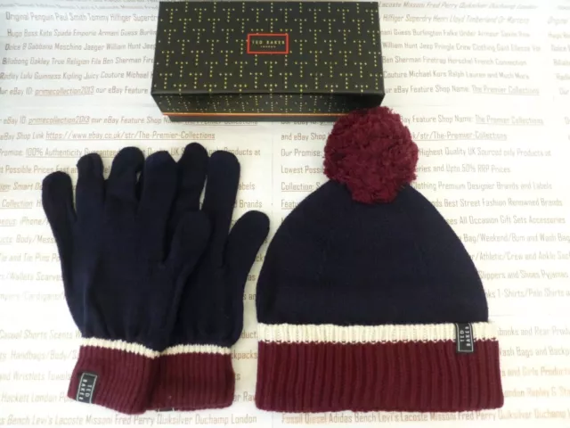 Ted Baker Herren Beanie & Handschuh Geschenkset oder Beanie Kappe oder Handschuhe marineblaue Wollmischung NEU